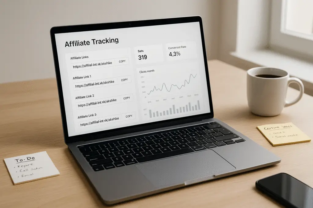 Affiliate Disclosure 1 A laptop displaying affiliate analytics on a desk with notes and a coffee mug in natural lighting