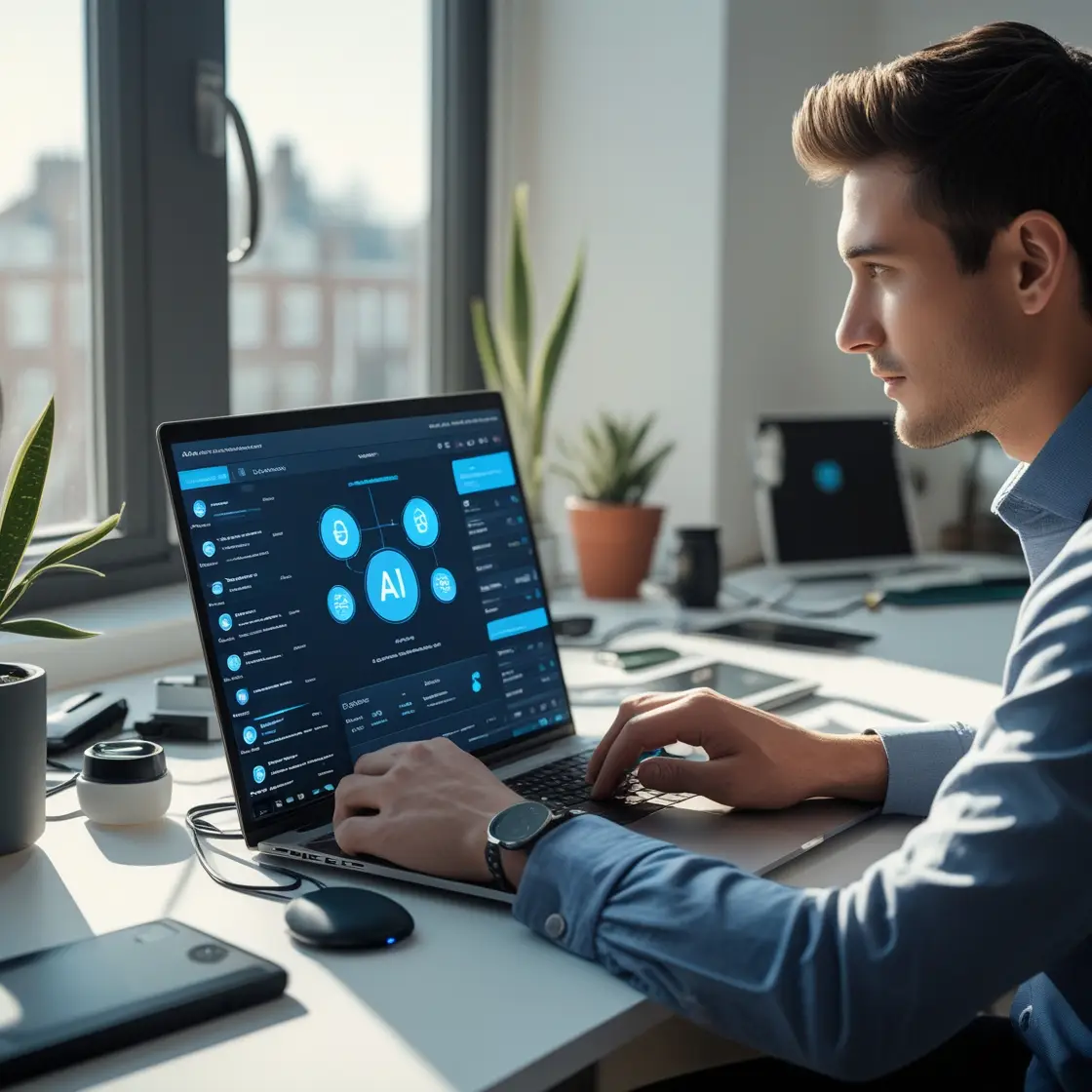 Home 5 Digital nomad using AI tools on laptop in a modern workspace with tech gadgets