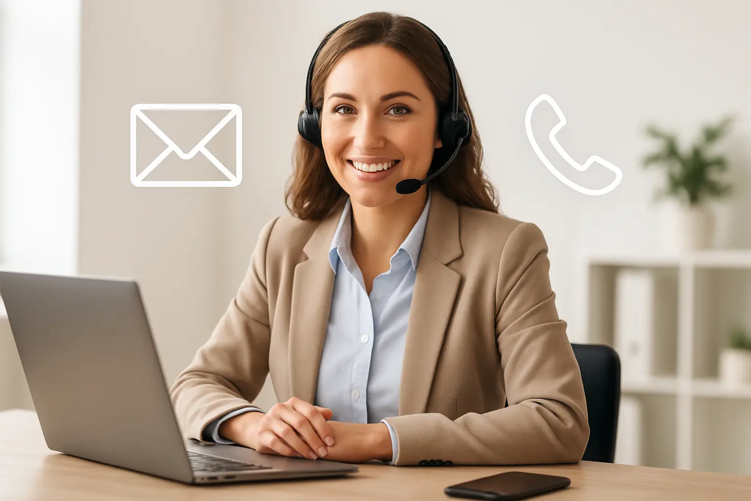 Illustration of a friendly customer support representative wearing a headset at a desk with laptop and smartphone, surrounded by communication icons like email and phone, representing approachable and helpful service