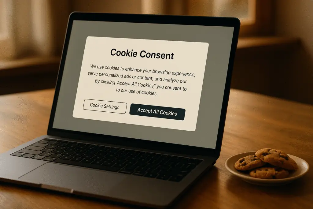 Real cookies next to a laptop displaying a cookie consent popup on the screen