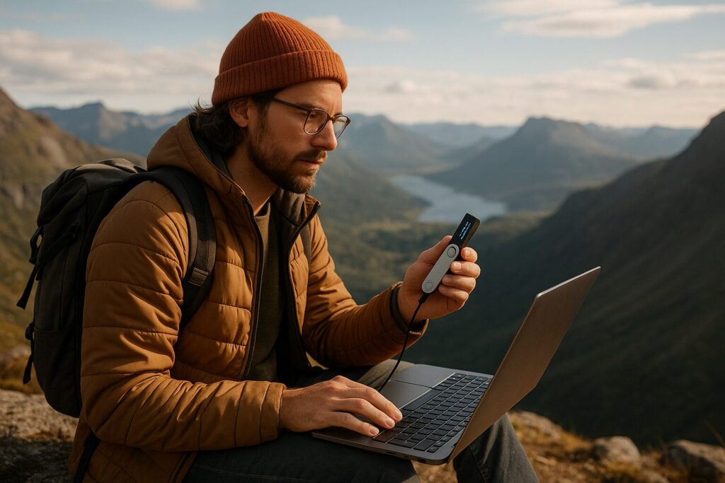 Top Crypto Platforms for US Digital Nomads (2025) + Safe Investing Tips 3 Digital nomad using secure crypto wallet while traveling