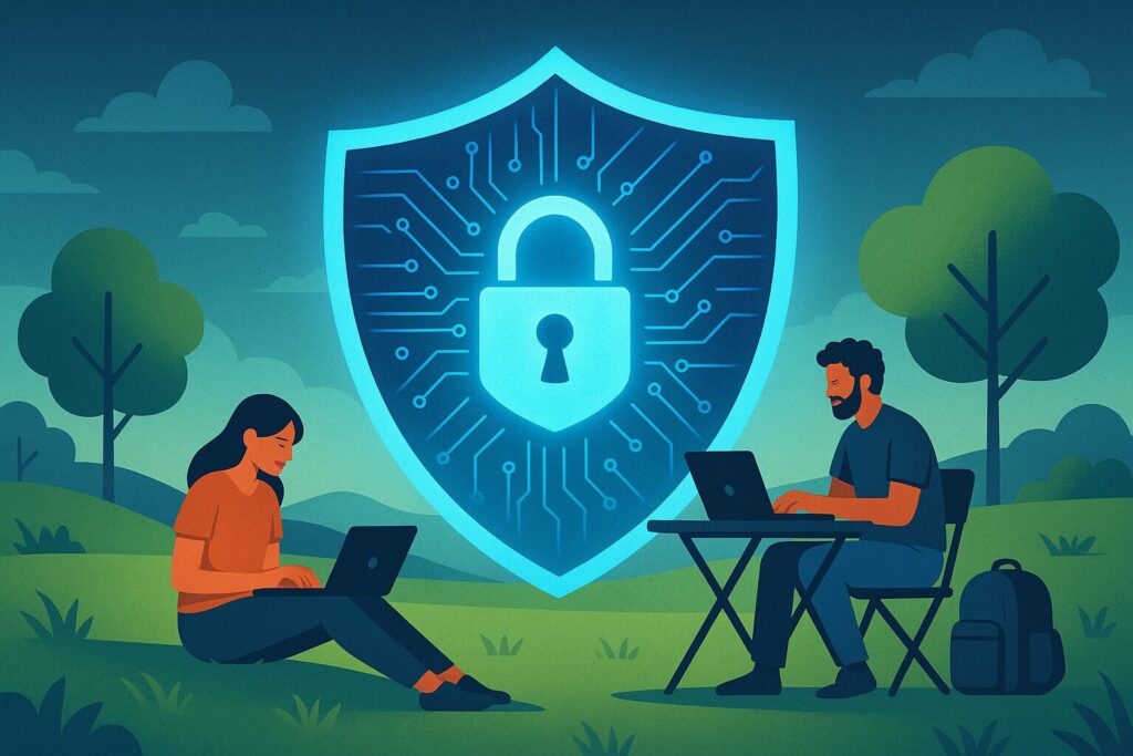 Why US Digital Nomads Need Encrypted Apps in 2025 3 Digital shield protecting a digital nomad working remotely