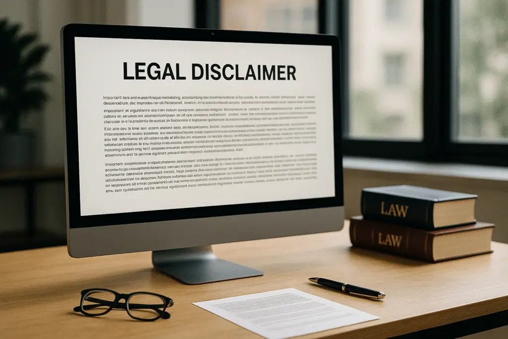 Disclaimer 1 A desktop computer showing a legal disclaimer document on screen with glasses, pen, and legal books on a desk in a modern office