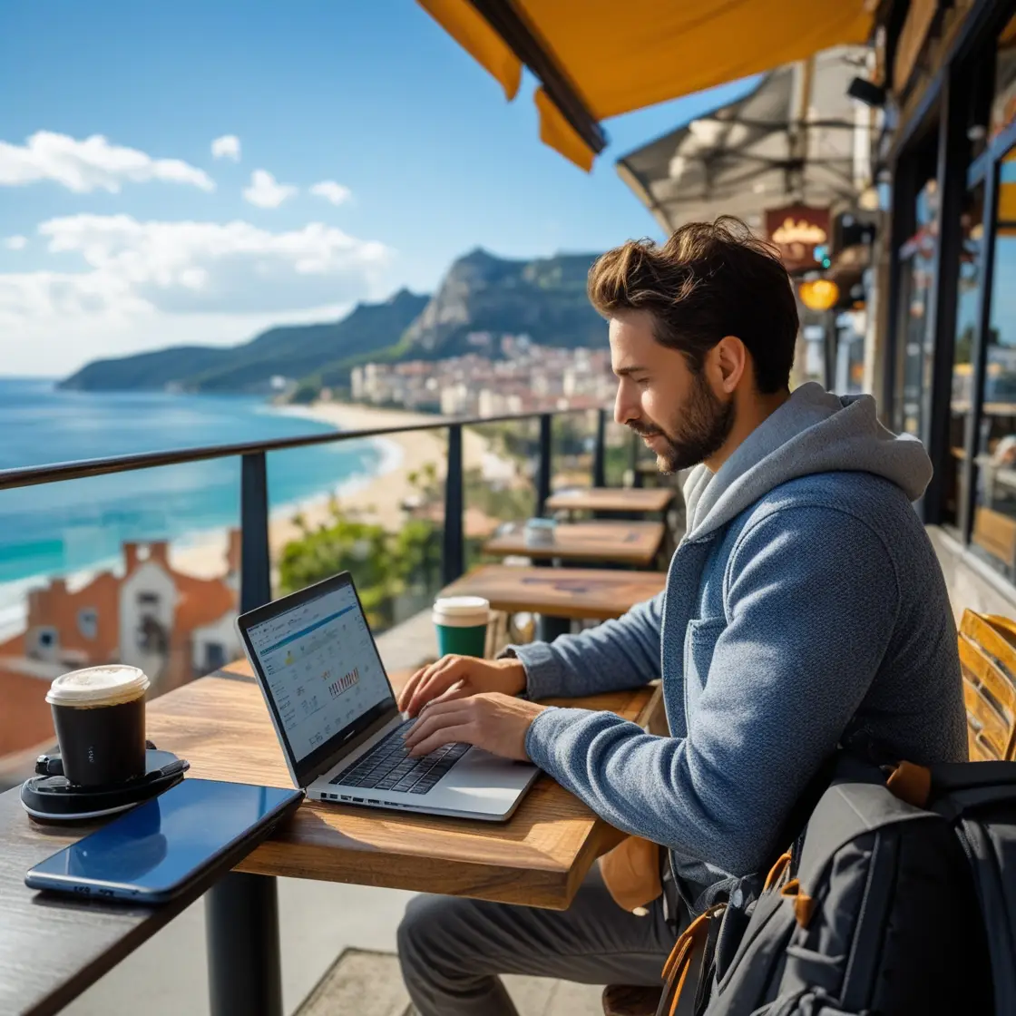 Home 2 Digital nomad managing finances on laptop at a scenic café with coffee and travel gear