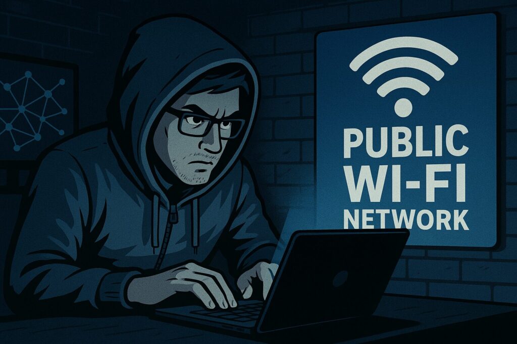 Why US Digital Nomads Need Encrypted Apps in 2025 2 Hacker attempting to breach public Wi-Fi network
