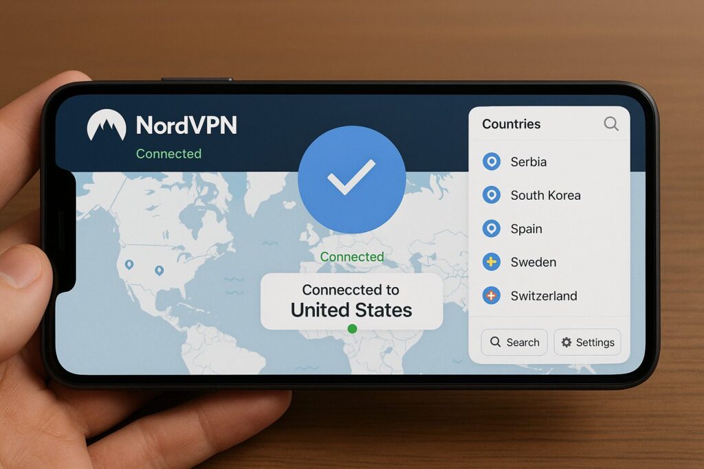 Why US Digital Nomads Need Encrypted Apps in 2025 4 NordVPN app interface showing secure VPN connection