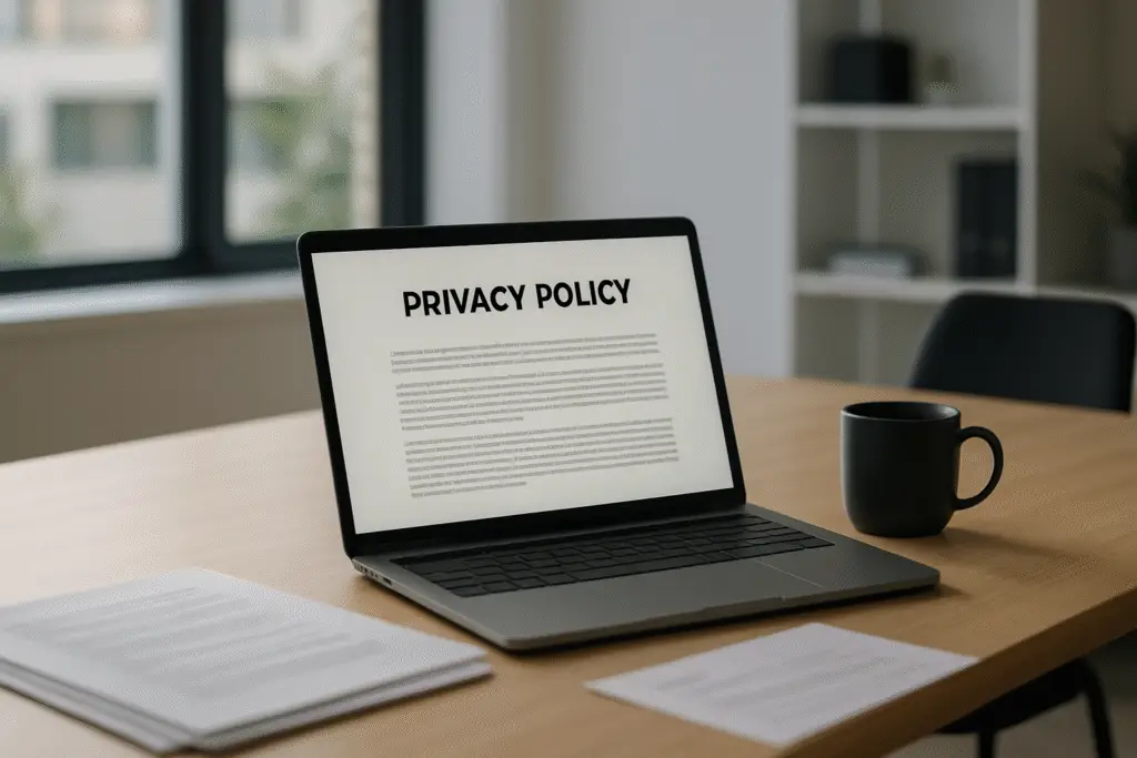 Privacy Policy 1 A laptop on a desk displaying a privacy policy page with a coffee mug and office documents nearby
