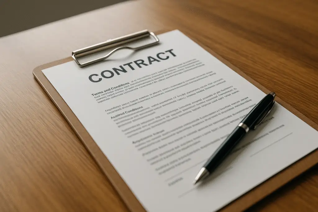 Terms and Conditions 1 Close-up of a terms and conditions document on a clipboard with a pen on a wooden desk in natural light