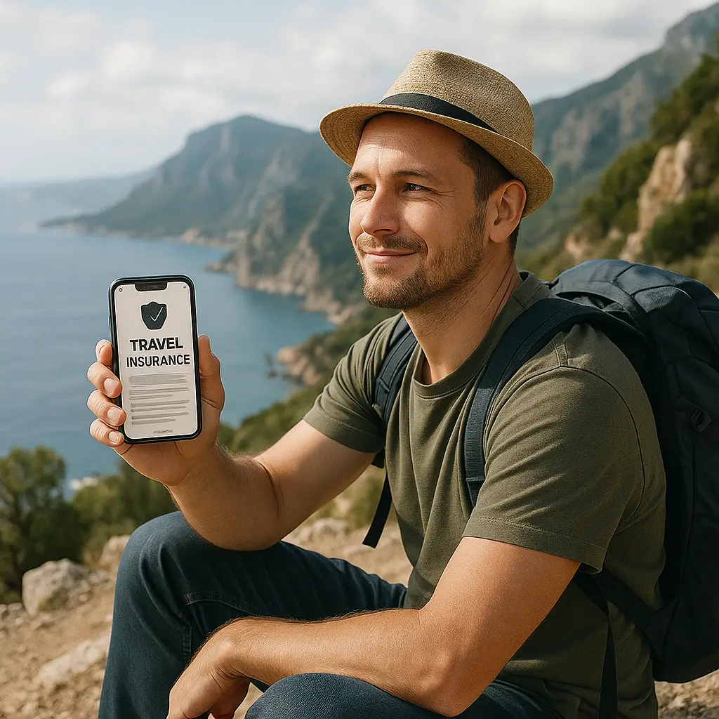 Home 3 Solo traveler reviewing travel insurance app while overlooking scenic landscape with backpack