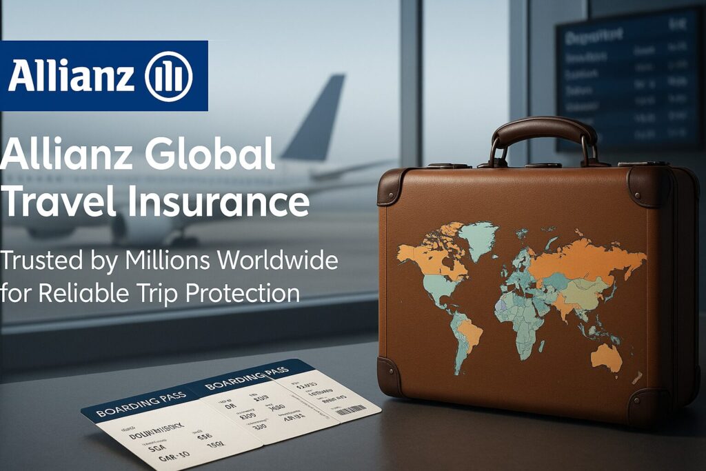 The Complete Guide to Travel Insurance for Digital Nomads 4 Allianz travel insurance branding with airport background, logo, and slogan “Your Global Travel Guardian” in a professional theme.