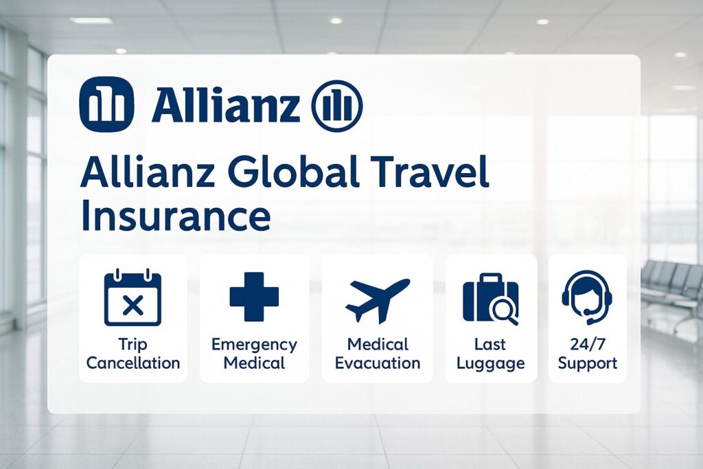 The Complete Guide to Travel Insurance for Digital Nomads 5 Allianz Global Travel Insurance features layout with icons for cancellation, medical emergency, lost luggage, and 24/7 support.