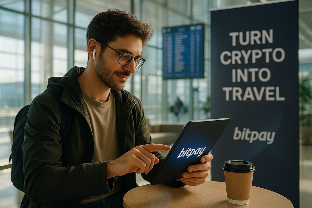 Crypto Travel Payments for US Nomads: How to Use Crypto While Traveling in 2025 3 Digital nomad at airport lounge using BitPay to pay for coffee, with "Turn Crypto into Travel" slogan and real BitPay logo
