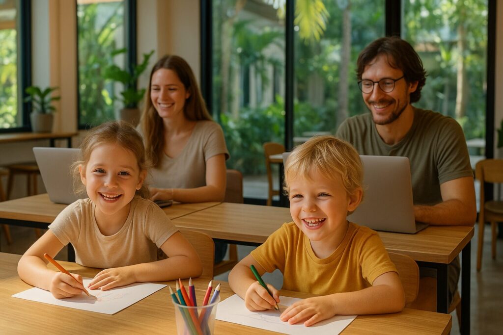 The Best Group Travel Programs for Digital Nomads in 2025 7 Smiling nomad family with kids learning and playing in a bright classroom while parents work remotely, realistic happy expressions and tropical background.