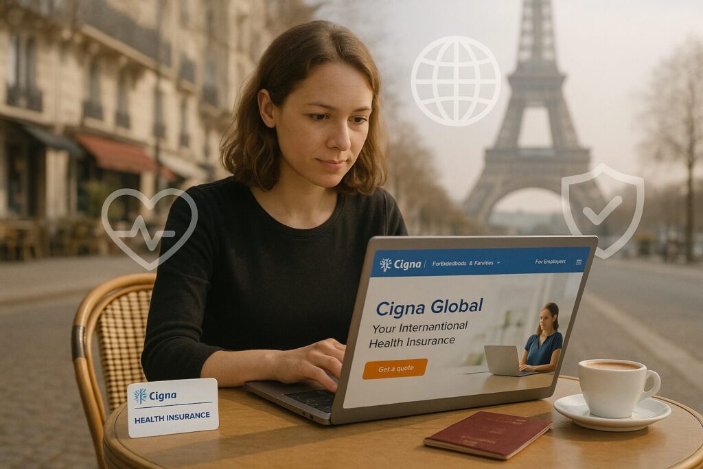 Digital nomad woman reviewing Cigna Global health insurance at Paris café with laptop and passport on table