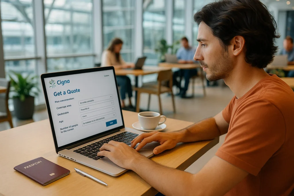 Digital nomad filling out Cigna Global insurance quote form with laptop in coworking café and passport on table