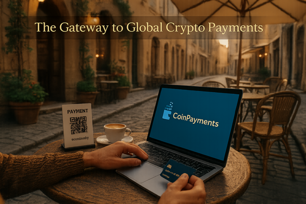 Crypto Travel Payments for US Nomads: How to Use Crypto While Traveling in 2025 5 Freelancer using CoinPayments at a European café with visible logo and slogan "The Gateway to Global Crypto Payments"