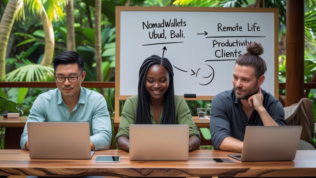 How Digital Nomads Can Find Remote Jobs in 2025 3 Multicultural digital nomads working at a Bali coworking space with NomadWallets whiteboard branding