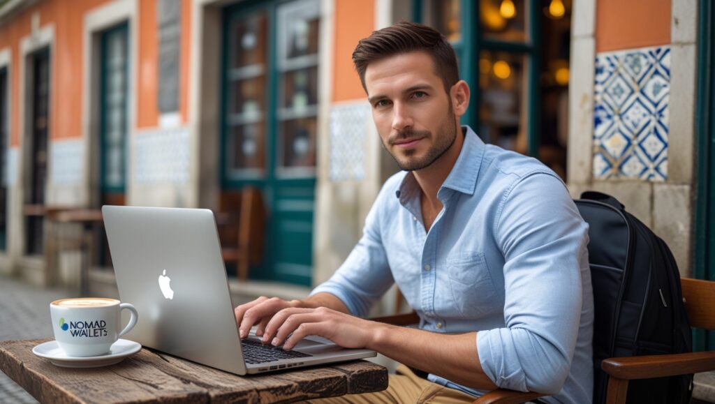 How Digital Nomads Can Find Remote Jobs in 2025 4 Digital nomad man with trimmed beard working at a Lisbon café with laptop and coffee