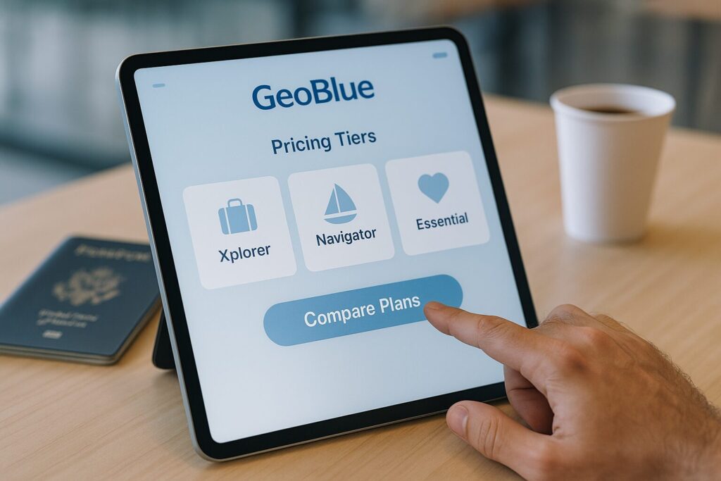 Tablet screen displaying GeoBlue health insurance plans like Xplorer and Navigator with a nomad comparing options