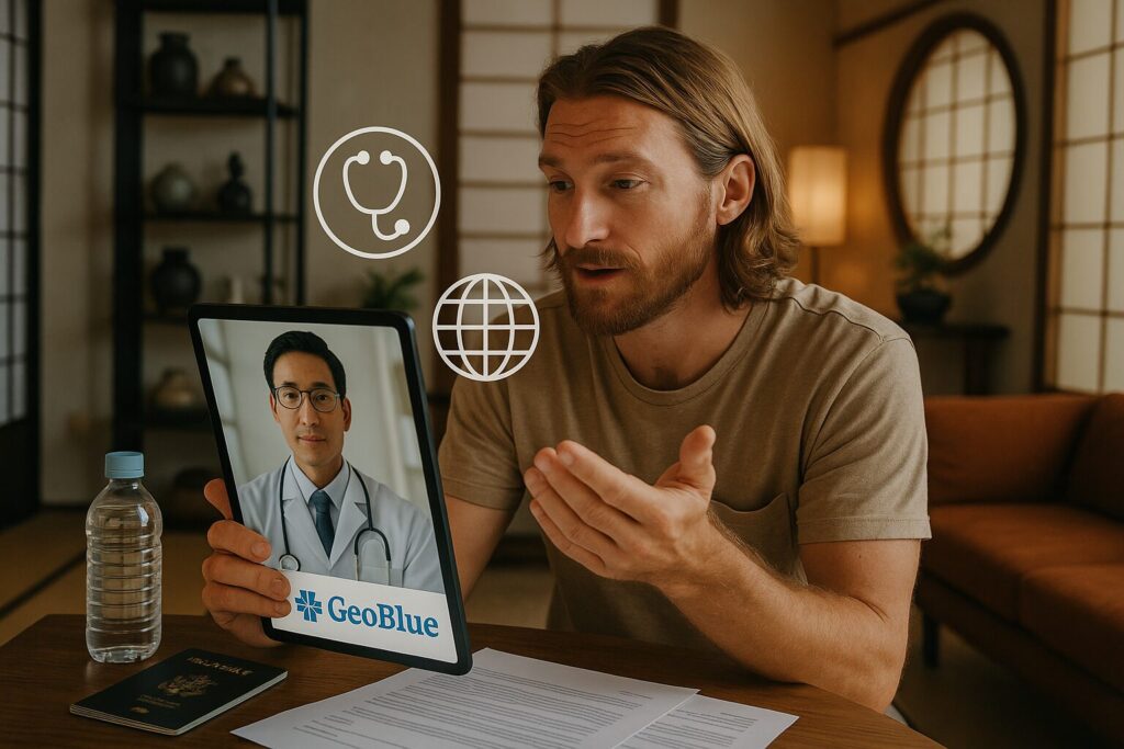 US digital nomad in Tokyo using GeoBlue app for online doctor consultation on tablet
