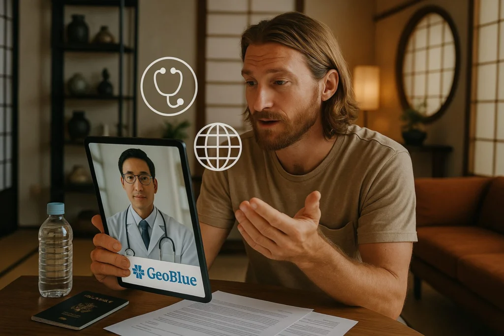 US digital nomad in Tokyo using GeoBlue app for online doctor consultation on tablet