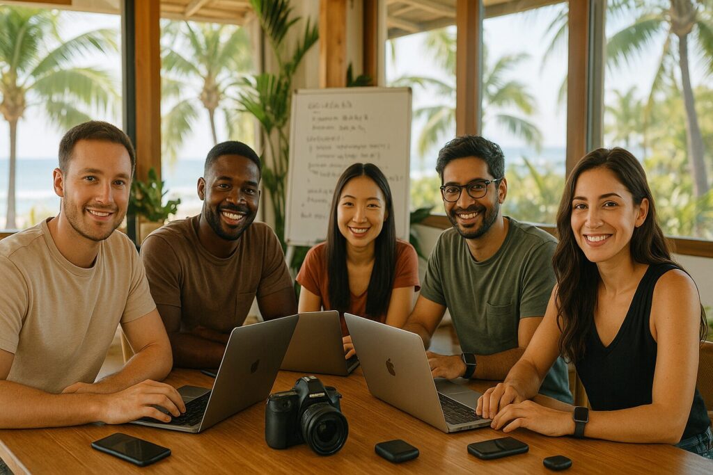 The Best Group Travel Programs for Digital Nomads in 2025 3 A diverse group of digital nomads working in a tropical coworking space with laptops and coding boards, showing clear facial features and focused expressions.