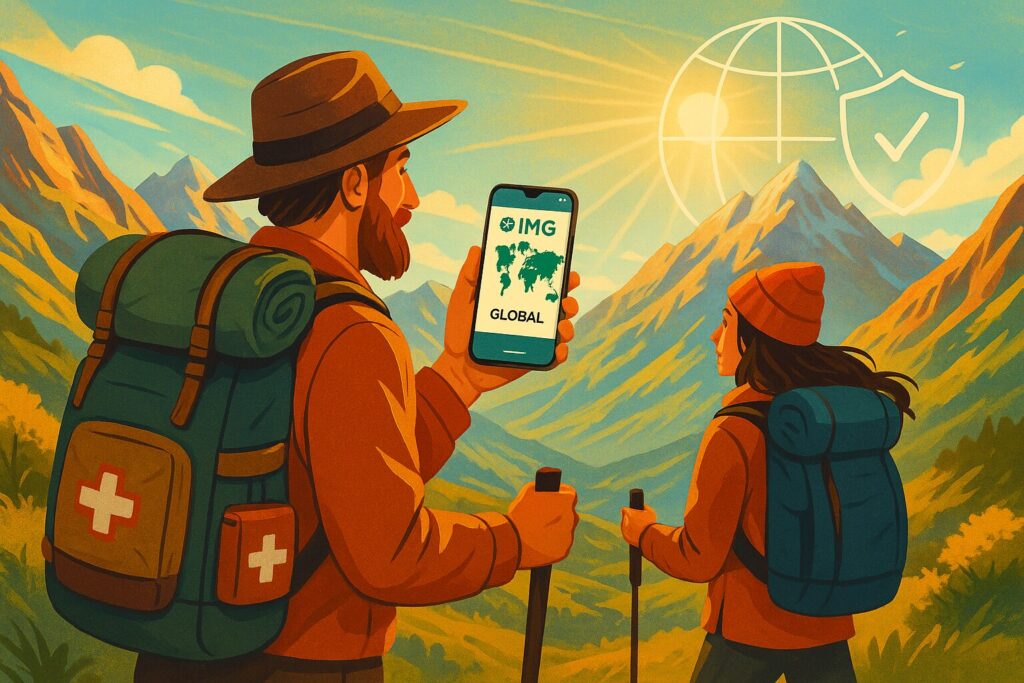 Nomad couple in Andes using IMG Global health insurance app during mountain hike with first-aid kit visible