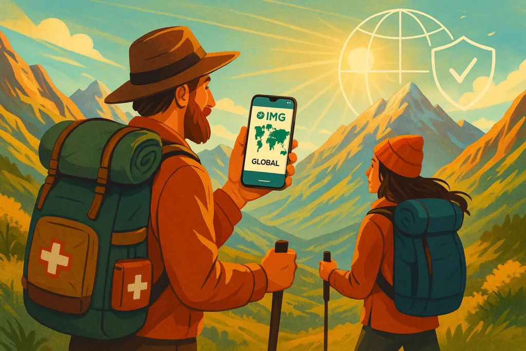 Nomad couple in Andes using IMG Global health insurance app during mountain hike with first-aid kit visible