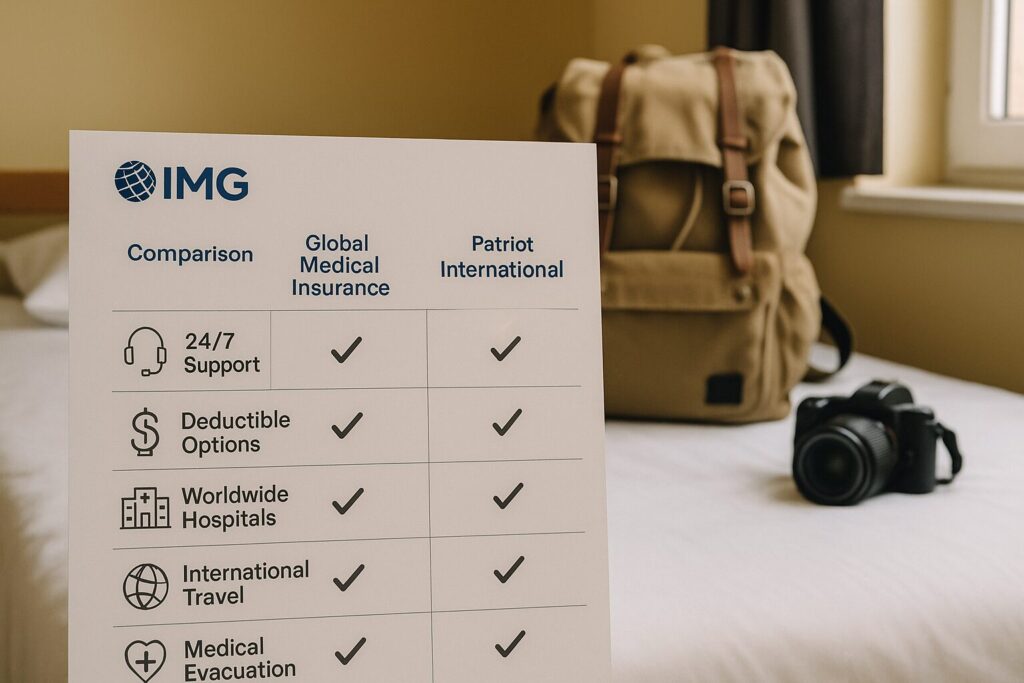 Comparison board of IMG Global plans like Patriot and Global Medical with nomadic travel gear in background
