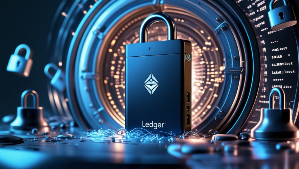 Best Crypto Wallets for US Nomads in 2025 3 Ledger Nano hardware wallet inside a glowing digital vault with padlocks and encrypted code, highlighting security.