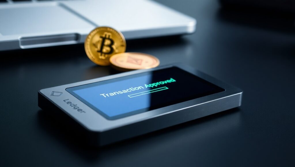 Best Crypto Wallets for US Nomads in 2025 2 Realistic Ledger Nano X wallet with real logo, showing approved transaction beside Bitcoin and Ethereum coins.