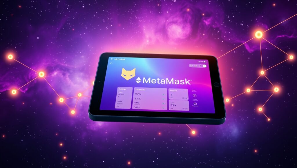 Best Crypto Wallets for US Nomads in 2025 6 MetaMask fox logo glowing on a futuristic digital wallet interface with Ethereum tokens in ultra HD.
