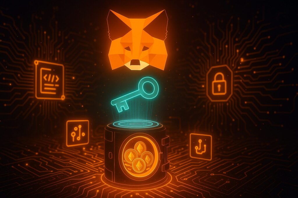 Best Crypto Wallets for US Nomads in 2025 7 MetaMask fox logo above holographic key unlocking a decentralized vault with Ethereum tokens, symbolizing control.
