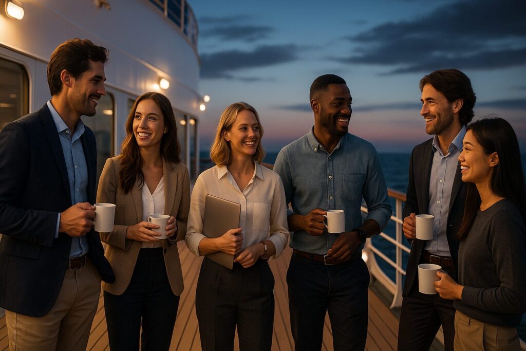 The Best Group Travel Programs for Digital Nomads in 2025 5 Digital nomads networking on a cruise ship deck at twilight, ocean in the background, clear professional portraits and social vibe.