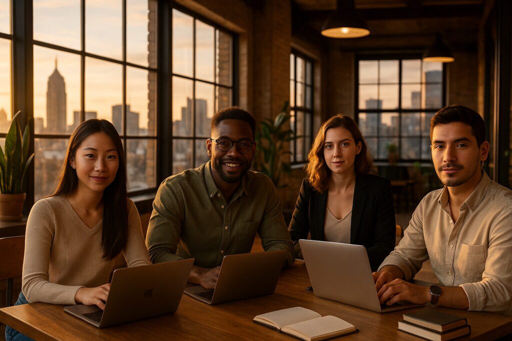 The Best Group Travel Programs for Digital Nomads in 2025 2 Diverse group of digital nomads working in a modern coworking space with a city skyline at sunset, clear realistic faces and professional attire.