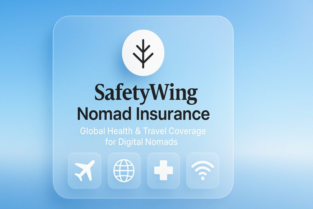 The Complete Guide to Travel Insurance for Digital Nomads 2 SafetyWing travel insurance dashboard interface with logo, blue sky background, and tagline “Insurance that Travels with You” for digital nomads.