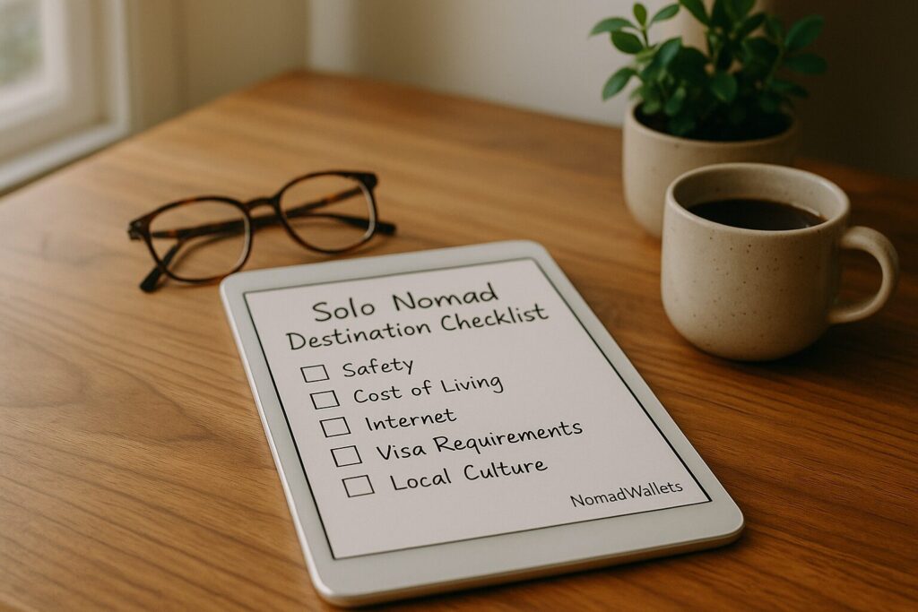 25 Best Solo Travel Destinations for Digital Nomads in 2025 8 Notebook with handwritten checklist titled “Solo Nomad Destination Checklist” next to glasses and coffee cup on wooden table.