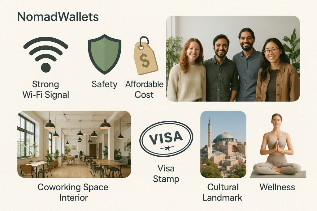 25 Best Solo Travel Destinations for Digital Nomads in 2025 2 Infographic showing key factors for solo digital nomad destinations including Wi-Fi, safety, affordability, community, coworking spaces, visas, culture, and wellness.