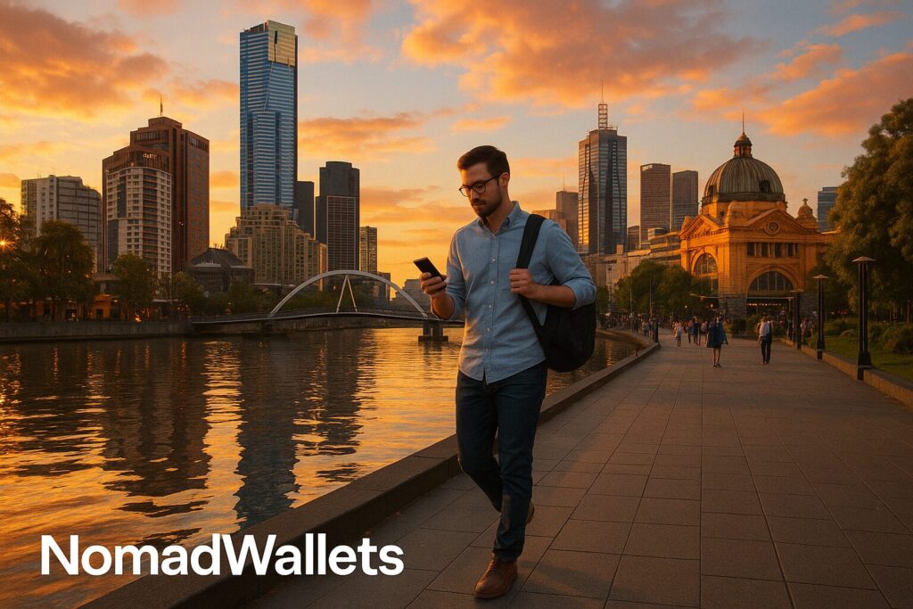 25 Best Solo Travel Destinations for Digital Nomads in 2025 7 Solo digital nomad walking along Yarra River promenade in Melbourne with city skyline at sunset.