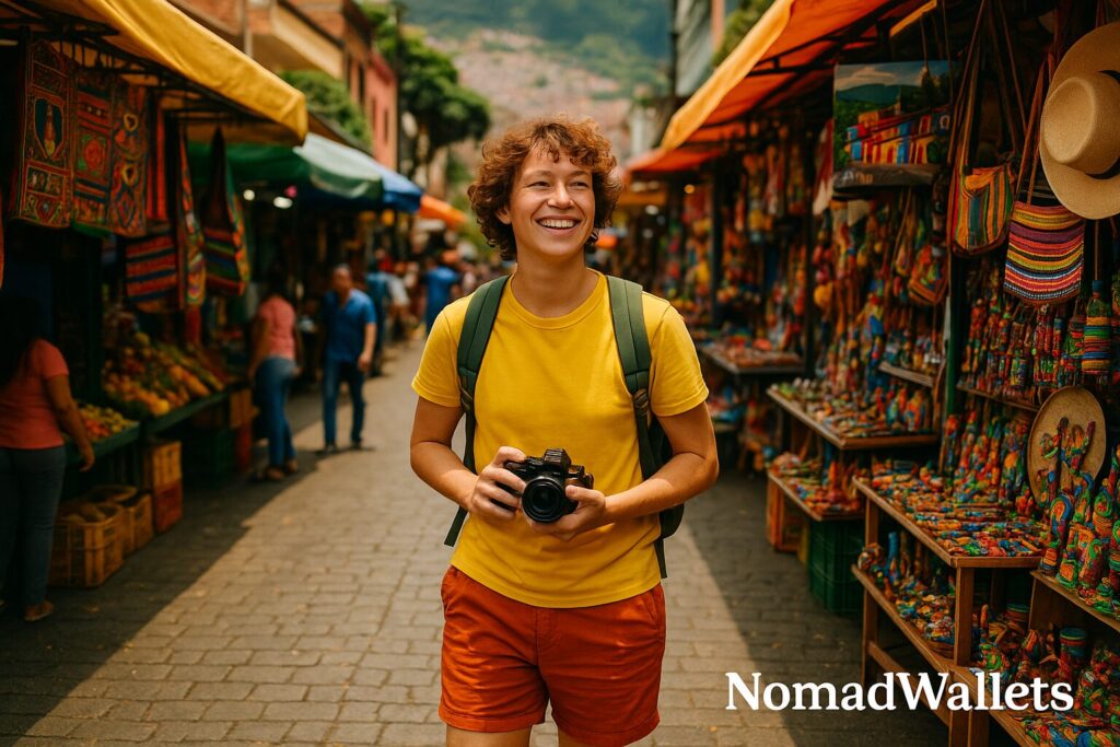 25 Best Solo Travel Destinations for Digital Nomads in 2025 5 Solo traveler exploring vibrant street market in Medellín, Colombia surrounded by colorful stalls and local art.