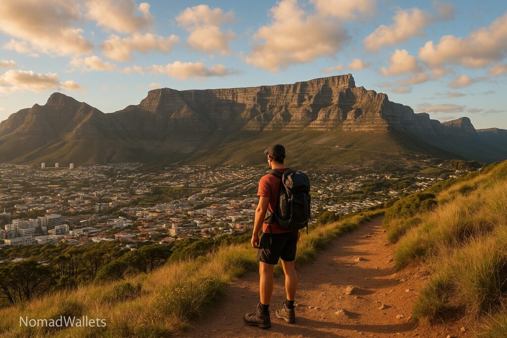25 Best Solo Travel Destinations for Digital Nomads in 2025 6 Solo traveler standing on hiking trail overlooking Table Mountain in Cape Town with warm afternoon light.