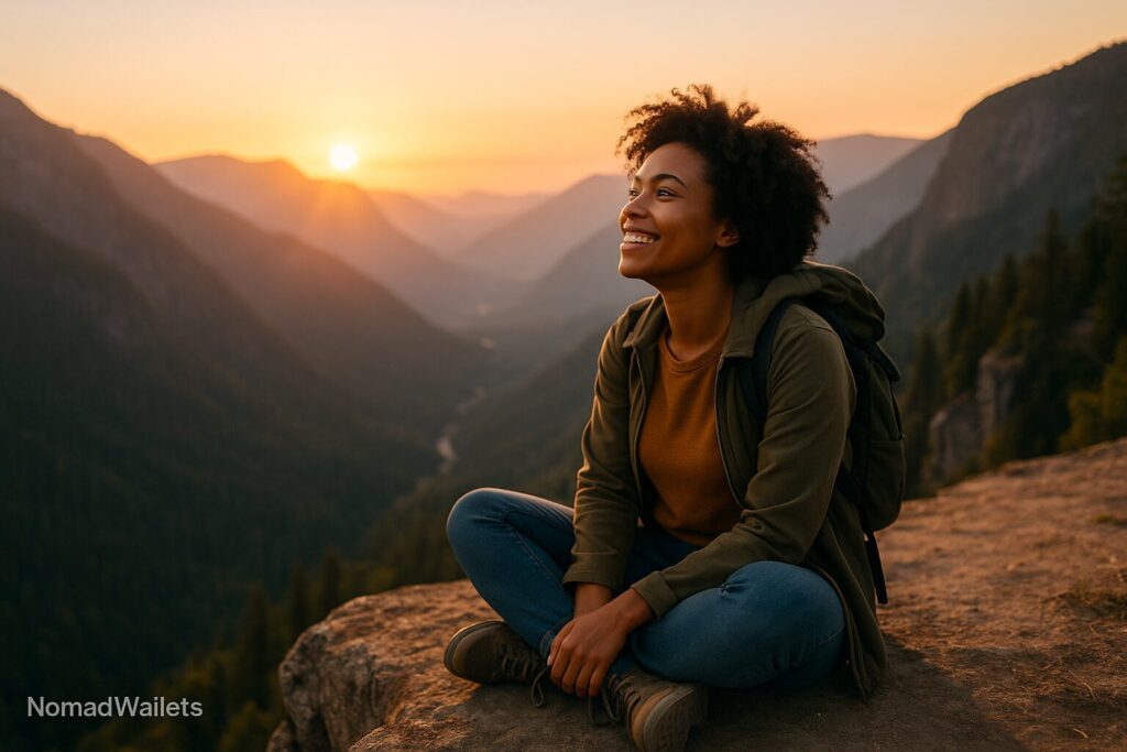 25 Best Solo Travel Destinations for Digital Nomads in 2025 9 Solo traveler sitting cross-legged on cliff edge overlooking mountain valley at sunrise, smiling and enjoying the view.