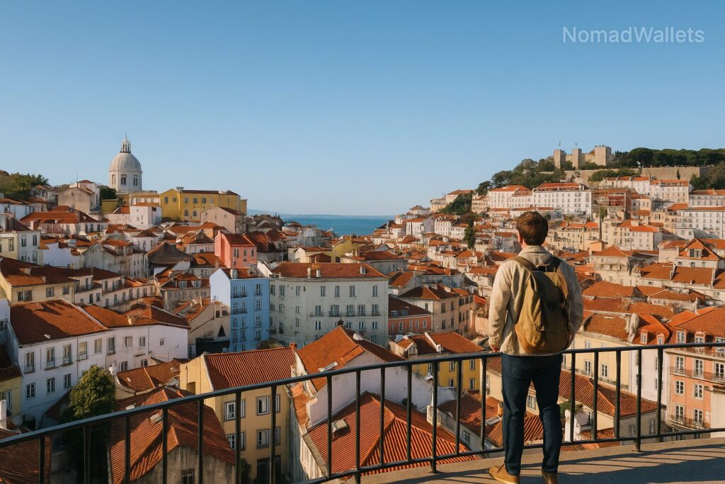 25 Best Solo Travel Destinations for Digital Nomads in 2025 4 Solo traveler enjoying panoramic view of colorful rooftops in Lisbon from a viewpoint balcony under clear blue sky.