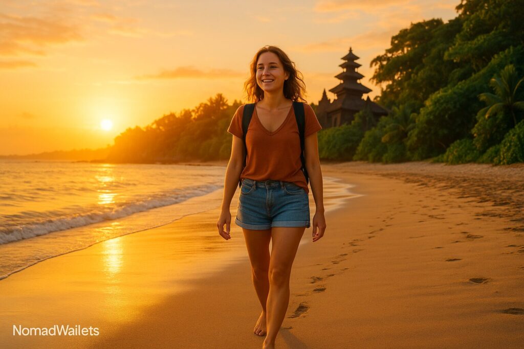 25 Best Solo Travel Destinations for Digital Nomads in 2025 3 Solo traveler walking barefoot on a sandy Bali beach at sunrise with traditional Balinese temple and lush greenery in the background.