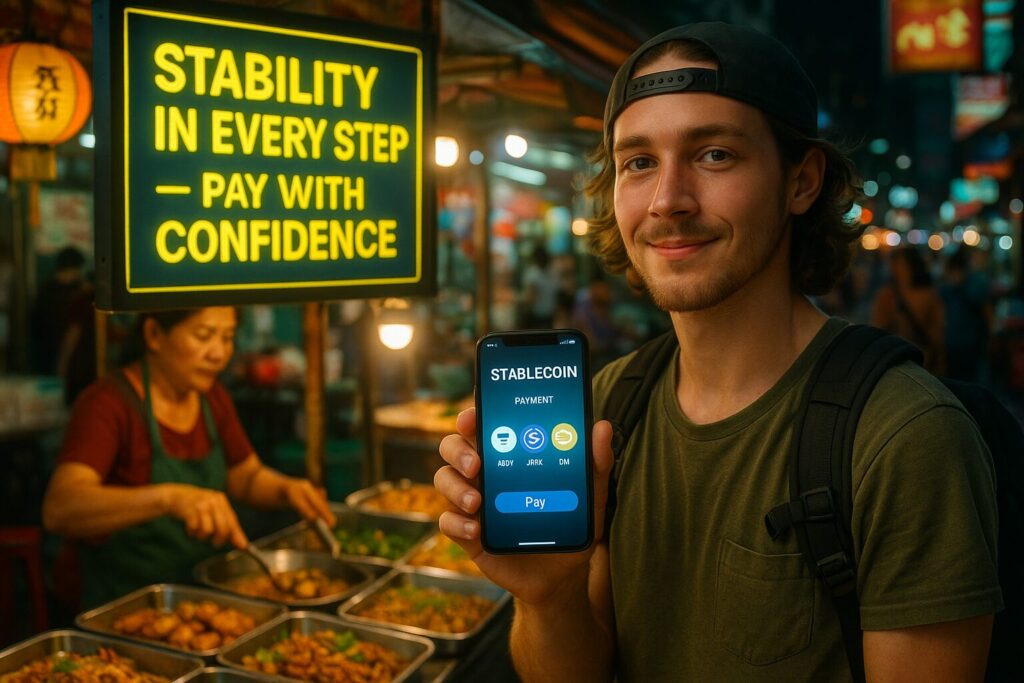 Crypto Travel Payments for US Nomads: How to Use Crypto While Traveling in 2025 4 US digital nomad paying with stablecoins like USDT at Bangkok street food stall with slogan "Stability in Every Step"