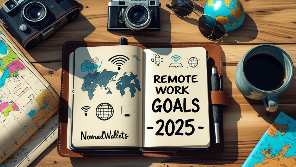 How Digital Nomads Can Find Remote Jobs in 2025 2 Creative travel journal with 2025 remote work goals and global travel items”