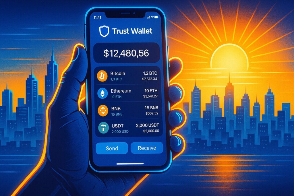 Best Crypto Wallets for US Nomads in 2025 5 Hand holding phone with Trust Wallet app showing colorful crypto dashboard, symbolizing accessibility.