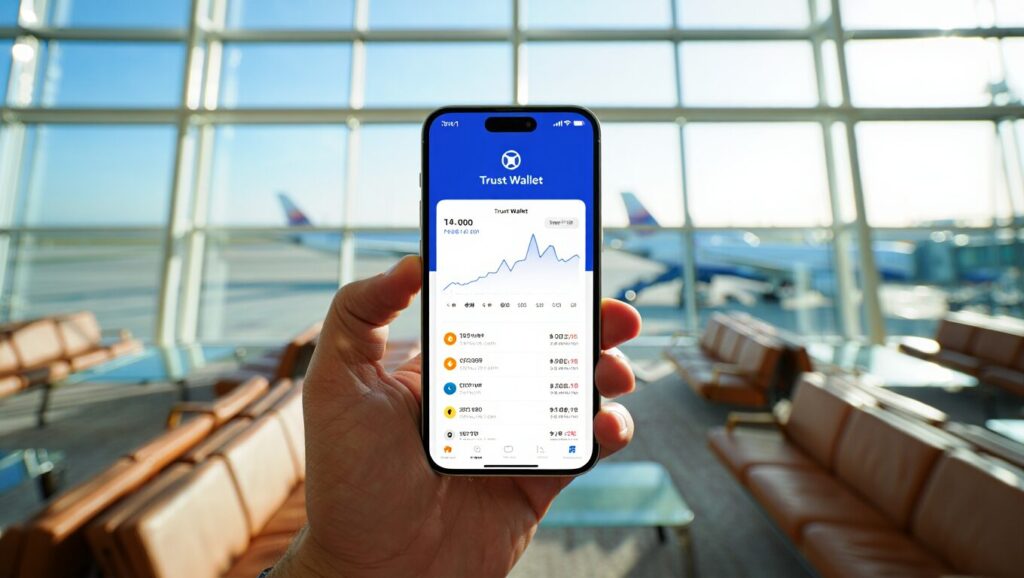 Best Crypto Wallets for US Nomads in 2025 4 Hand holding phone with Trust Wallet app and real logo, showing crypto dashboard in an airport lounge.