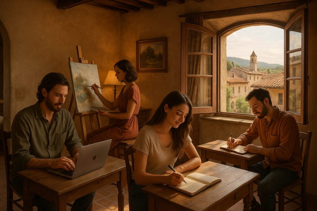 The Best Group Travel Programs for Digital Nomads in 2025 6 Remote workers in a cozy European-style shared villa, journaling and working on laptops, peaceful atmosphere with lifelike faces and soft light.