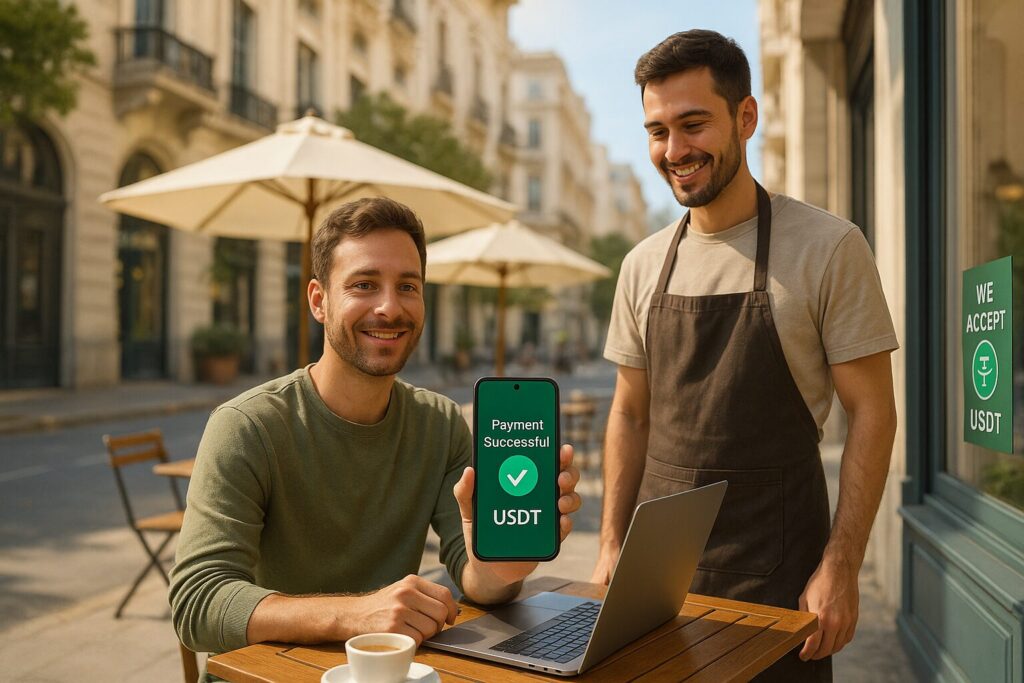 Crypto Travel Payments for US Nomads: How to Use Crypto While Traveling in 2025 2 Digital nomad paying with USDT at a café in Buenos Aires, with a clearly visible payment confirmation screen